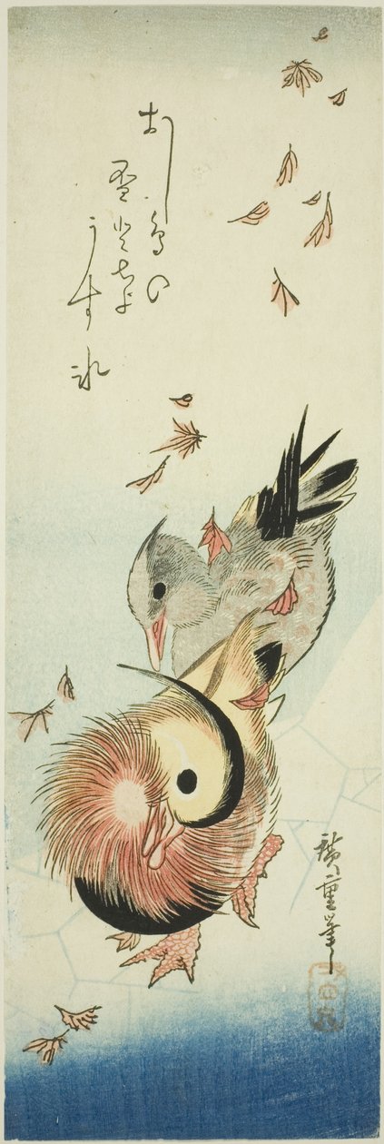 Mandarinender krysser iskald dam blant fallende blader av Utagawa Hiroshige