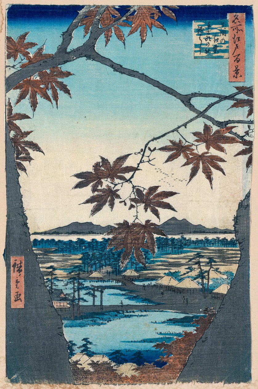Maple Leaves og Tekona-helligdommen og broen ved Mama, 1856-1858. av Utagawa Hiroshige
