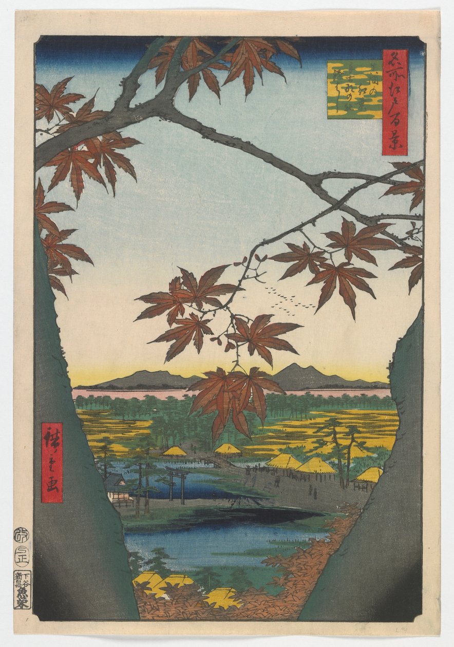 Maple Trees at Mama, Tekona Shrine and Linked Bridge, Edo-perioden, 1857 (farget treblokktrykk) av Utagawa Hiroshige