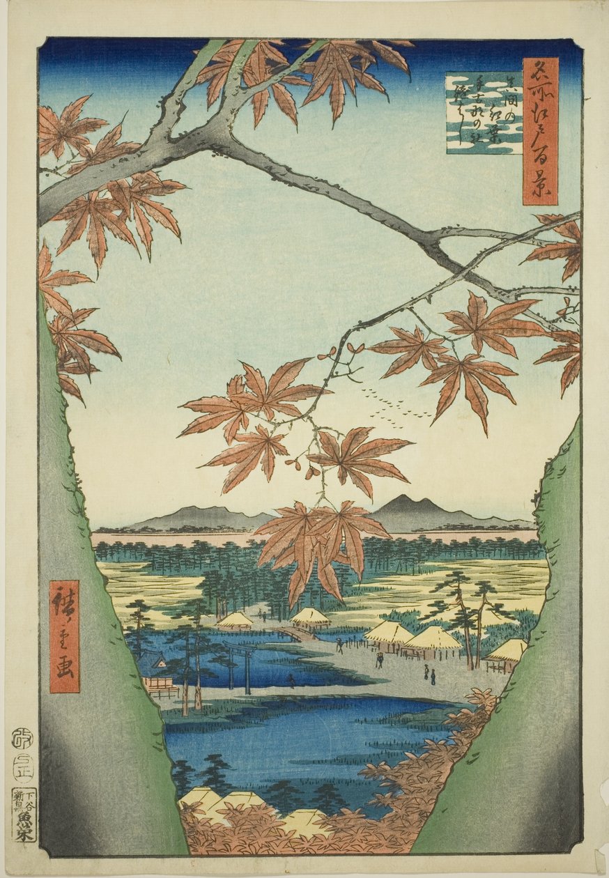Maple Trees at Mama, Tekona Shrine and Tsugi Bridge (Mama no momiji, Tekona no yashiro, Tsugihashi), fra serien "One Hundred Famous Views of Edo (Meisho Edo hyakkei)" av Utagawa Hiroshige