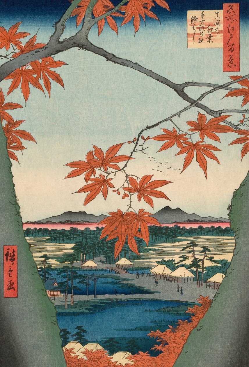 Maple Trees at Mama, Tekona Shrine and Tsugi Bridge (Mama no momiji, Tekona no yashiro, Tsugihashi), fra serien "One Hundred Famous Views of Edo (Meisho Edo hyakkei)" av Utagawa Hiroshige