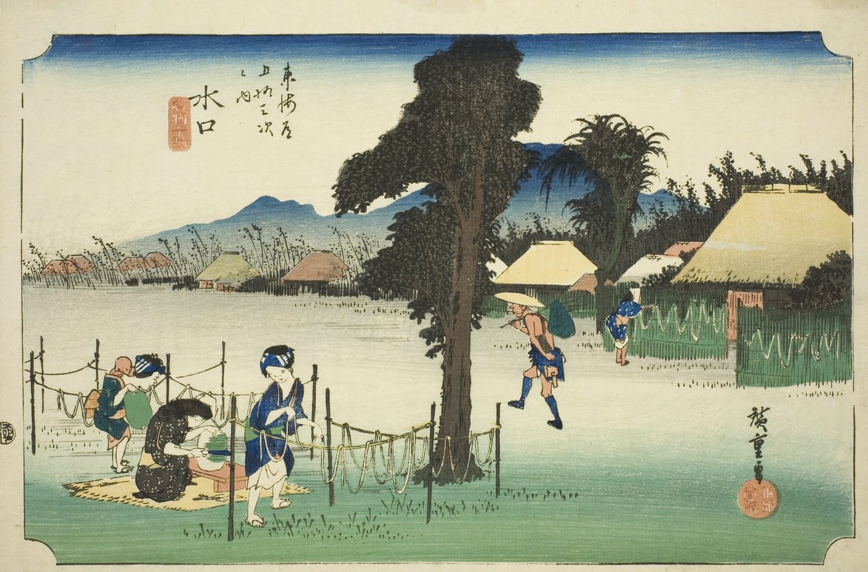 Minakuchi: Dried Gourd Shavings, A Local Speciality (Minakuchi, meibutsu kanpyo), fra serien "Fifty-three Stations of the Tokaido (Tokaido gojusan tsugi no uchi)," også kjent som Hoeido Tokaido av Utagawa Hiroshige