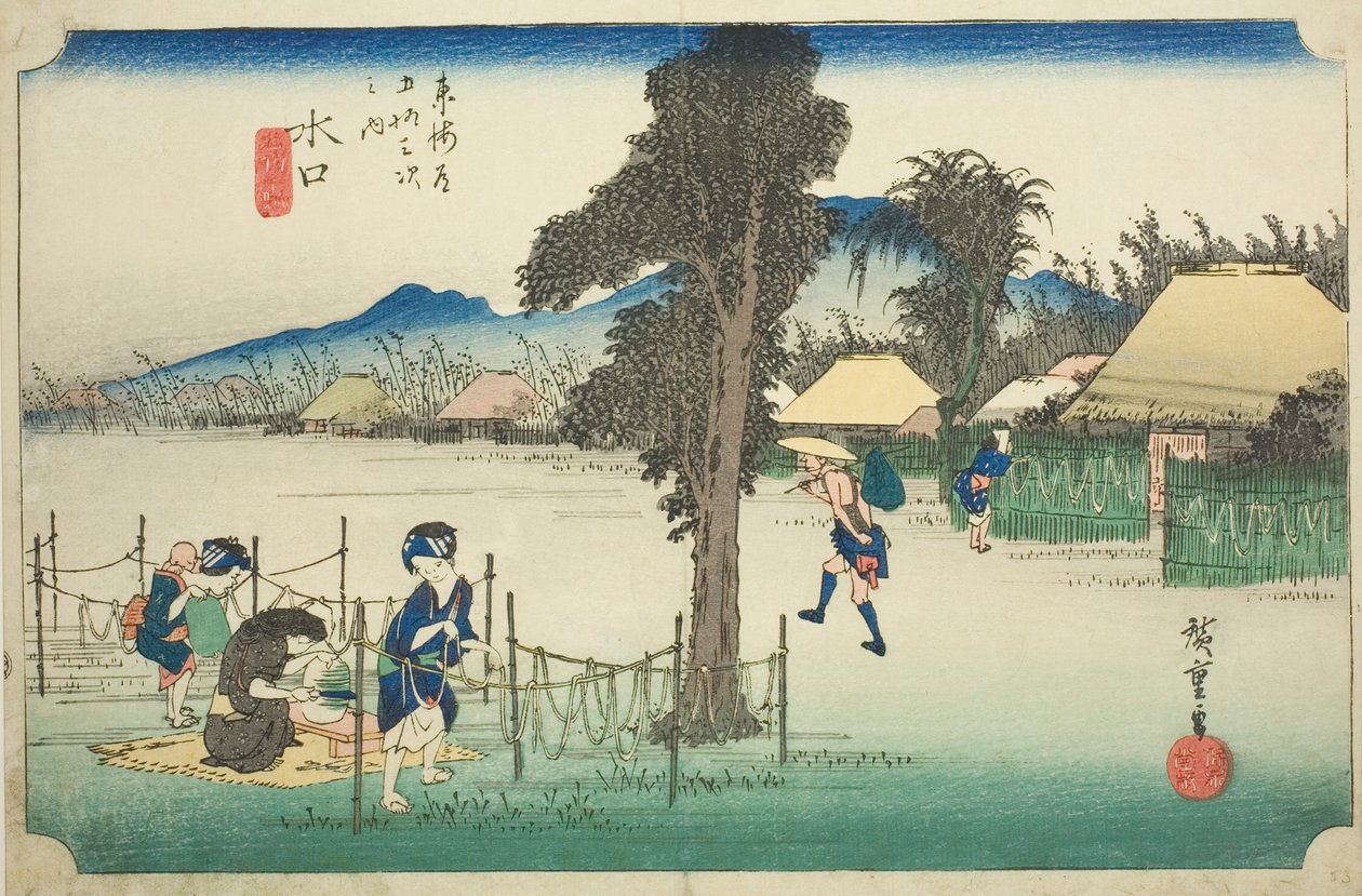 Minakuchi: Dried Gourd Shavings, A Local Speciality (Minakuchi, meibutsu kanpyo), fra serien "Fifty-three Stations of the Tokaido (Tokaido gojusan tsugi no uchi)," også kjent som Hoeido Tokaido av Utagawa Hiroshige