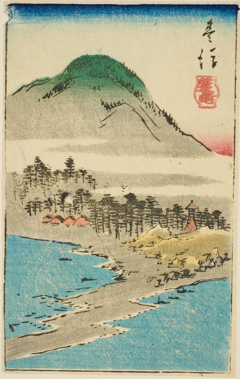 Minosaki i Bungo-provinsen (Bungo, Minosaki), del av ark nr. 17 fra serien "Cutout Pictures of the Provinces (Kunizukushi harimaze zue)" av Utagawa Hiroshige