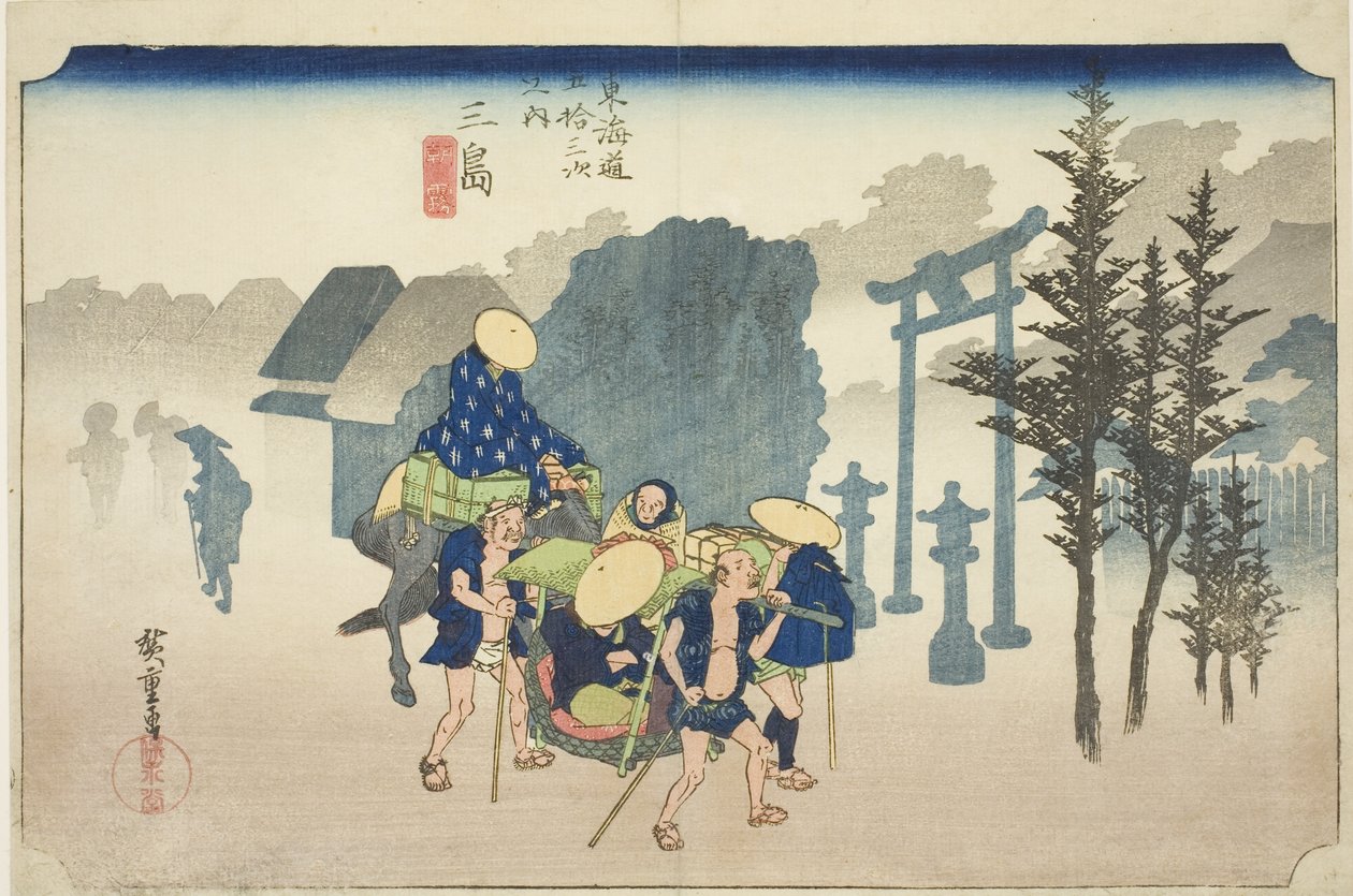 Mishima: Morning Mist (Mishima, asagiri), fra serien "Fifty-three Stations of the Tokaido Road (Tokaido gojusan tsugi no uchi)," også kjent som Hoeido Tokaido av Utagawa Hiroshige