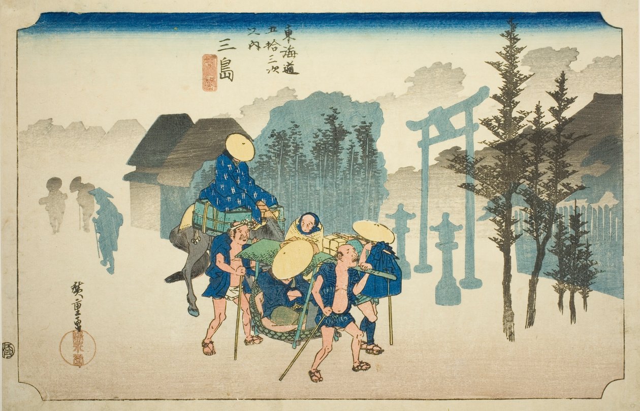 Mishima: Morning Mist (Mishima, asagiri), fra serien "Fifty-three Stations of the Tokaido Road (Tokaido gojusan tsugi no uchi)," også kjent som Hoeido Tokaido av Utagawa Hiroshige