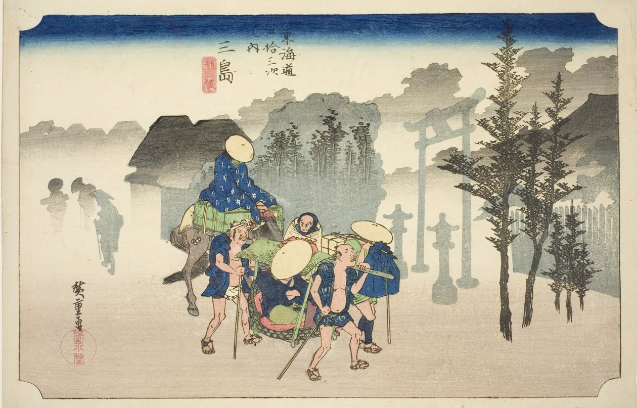 Mishima: Morning Mist (Mishima, asagiri), fra serien "Fifty-three Stations of the Tokaido Road (Tokaido gojusan tsugi no uchi)," også kjent som Hoeido Tokaido av Utagawa Hiroshige