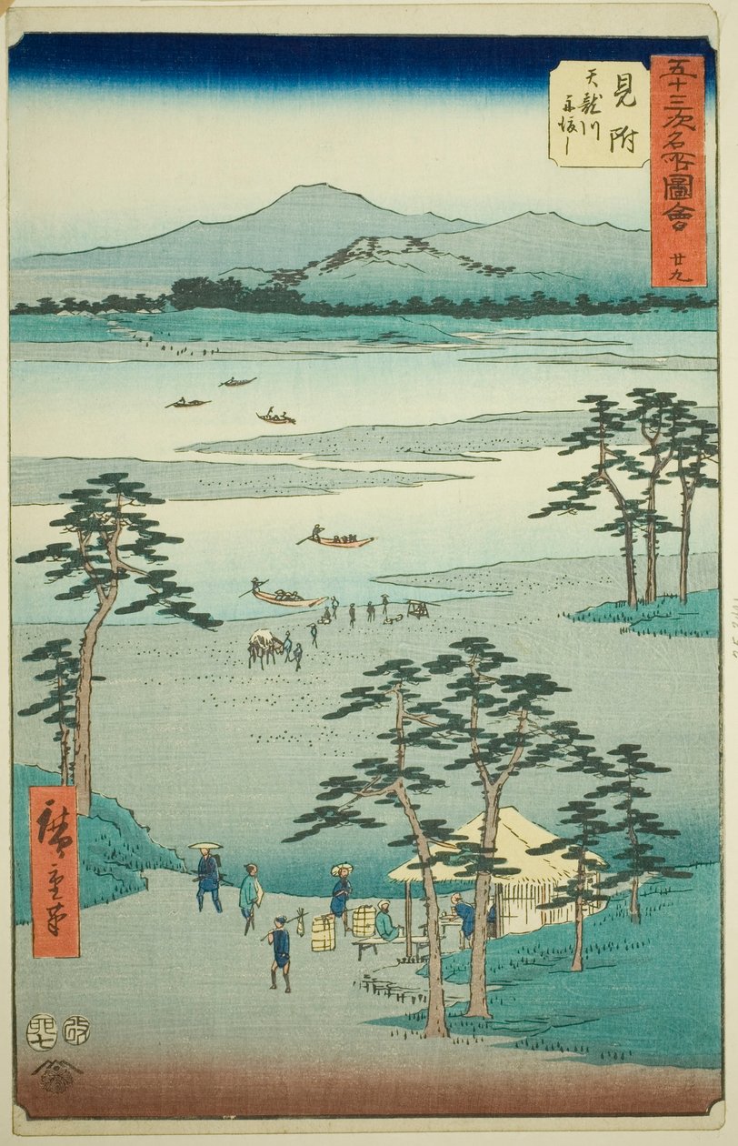 Mitsuke: Ferge på Tenryu-elven (Mitsuke, Tenryugawa funewatashi), nr. 29 fra serien "Famous Sights of the Fifty-three Stations (Gojusan tsugi meisho zue)," også kjent som Vertical Tokaido av Utagawa Hiroshige