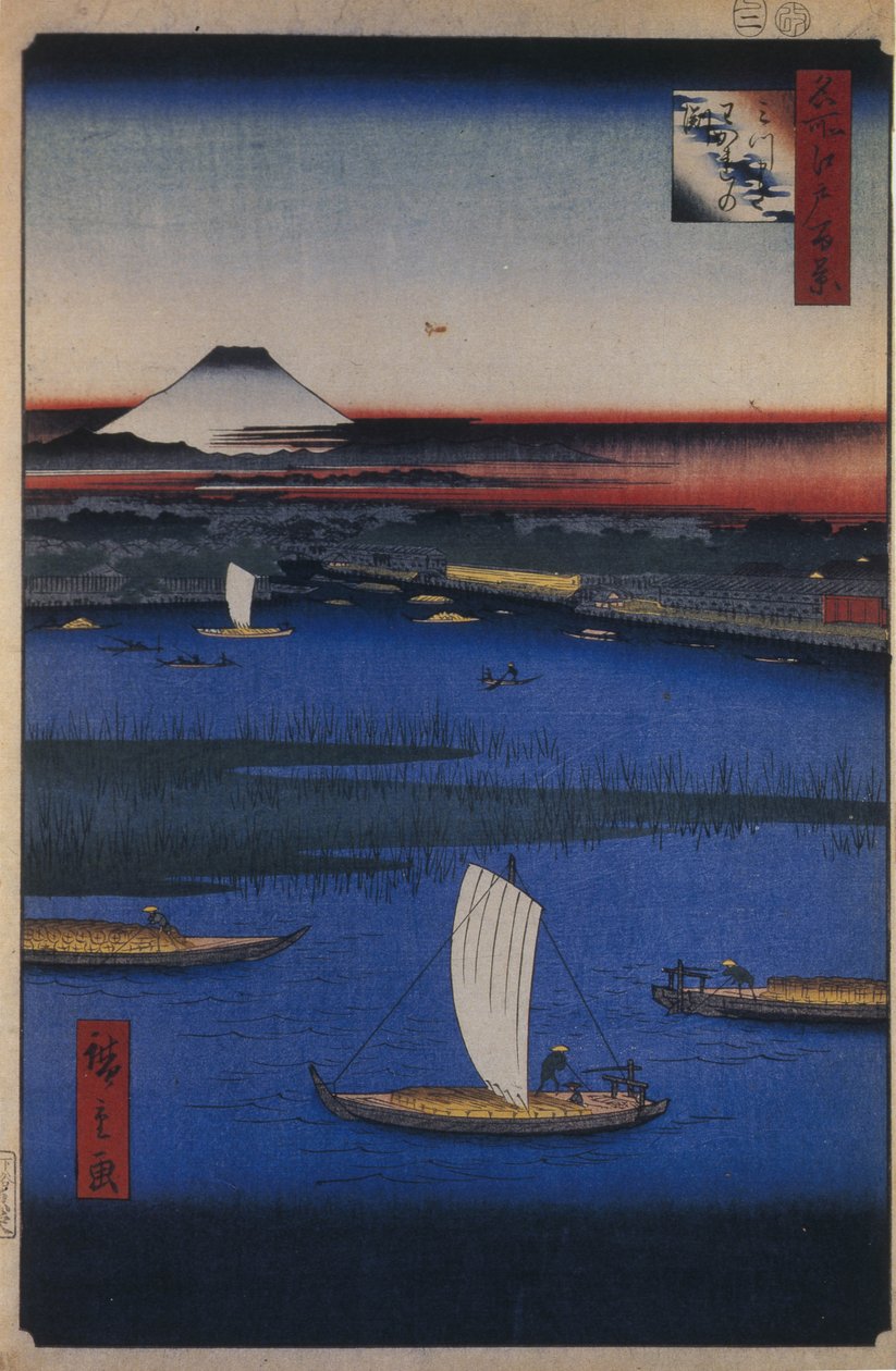 Kanten av den trekantede ryggen d-re d fanet s Views of Edo, 1856-1858 av Utagawa Hiroshige
