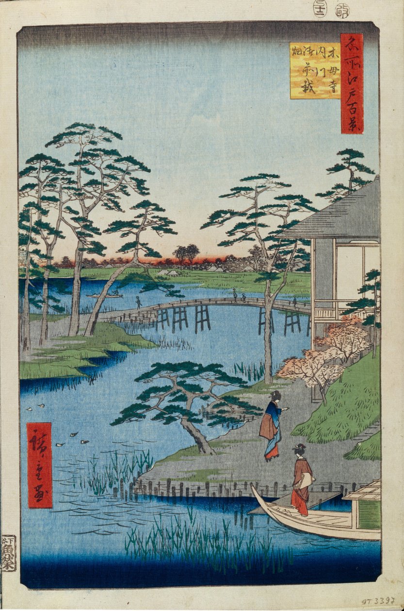 Mokuboji-tempelet og grønnsaksmarkene på Uchigawa-fjorden Hundre berømte utsikter over Edo, 1856-1858 av Utagawa Hiroshige