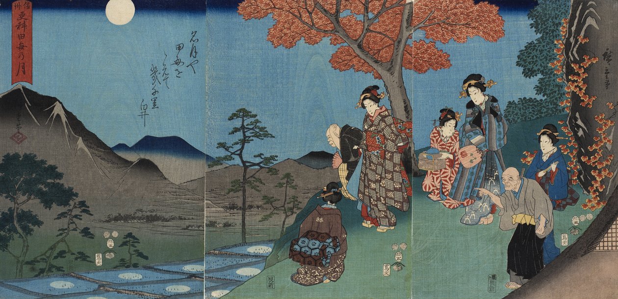Månen speilet i rismarkene ved Sarashina i Shinano-provinsen av Utagawa Hiroshige