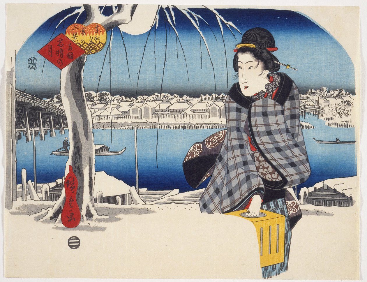 Moon after Snow at Rygoku fra serien Three Views of Snow at Famous Places in the Eastern Capital, ca. 1840 (farget treblokktrykk) av Utagawa Hiroshige
