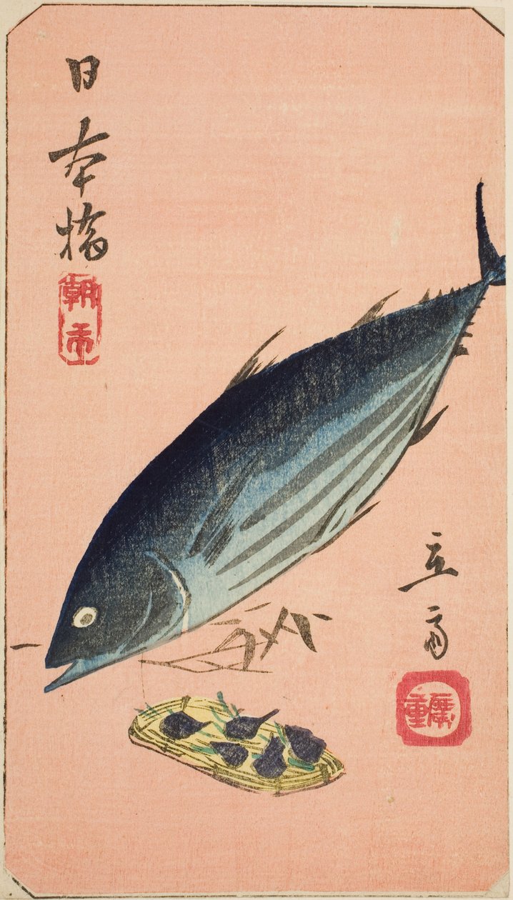 Morning Market at Nihon Bridge (Nihonbashi, asaichi), section of a sheet from the series "Cutouts of Famous Places in Edo (Harimaze Koto meisho)" av Utagawa Hiroshige