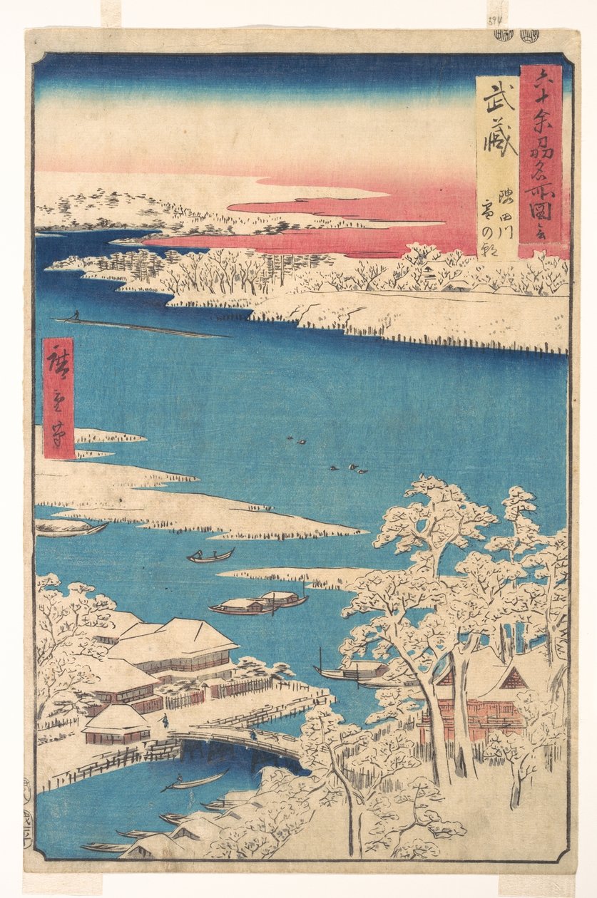 Morgen etter et snøfall, Sumida-elven, Musashi-provinsen, fra serien Utsikter over berømte steder i de over seksti provinsene av Utagawa Hiroshige