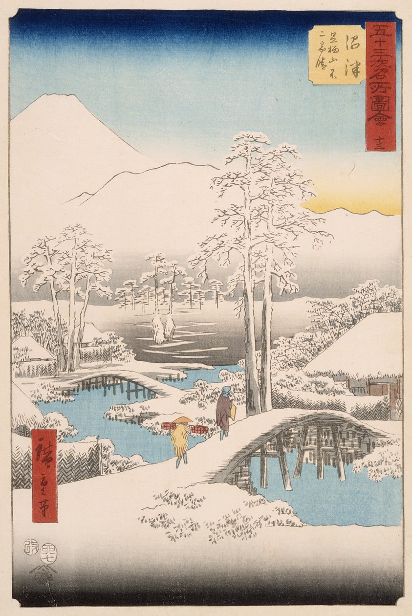 Fuji-fjellet og Ashigara-fjellet sett fra Numazu i klarvær etter et snøfall av Utagawa Hiroshige