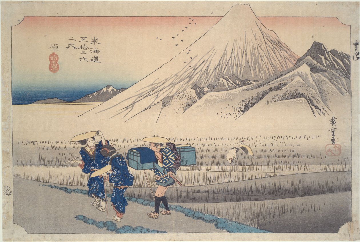 Fuji-fjellet om morgenen ved Hara-stasjonen, fra serien Tōkaidōs femtitre stasjoner av Utagawa Hiroshige