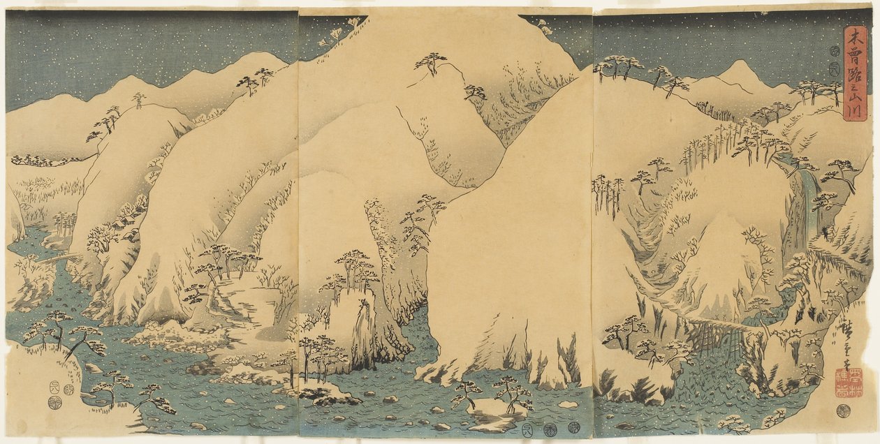 Fjell og elv ved Kiso Pass, august 1857 av Utagawa Hiroshige