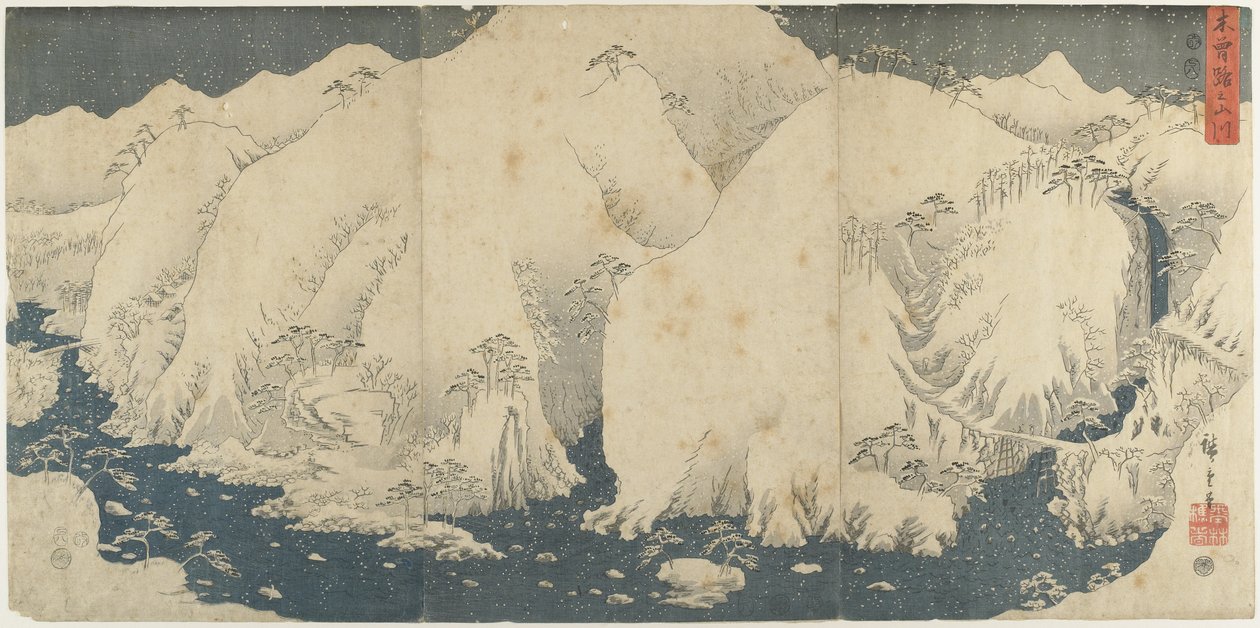 Fjell og elv ved Kiso Pass, august 1857 av Utagawa Hiroshige
