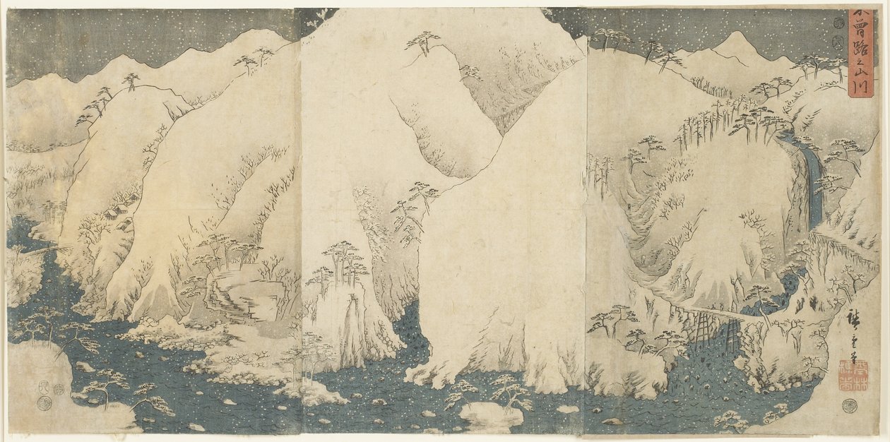 Fjell og elv ved Kiso Pass, august 1857 av Utagawa Hiroshige