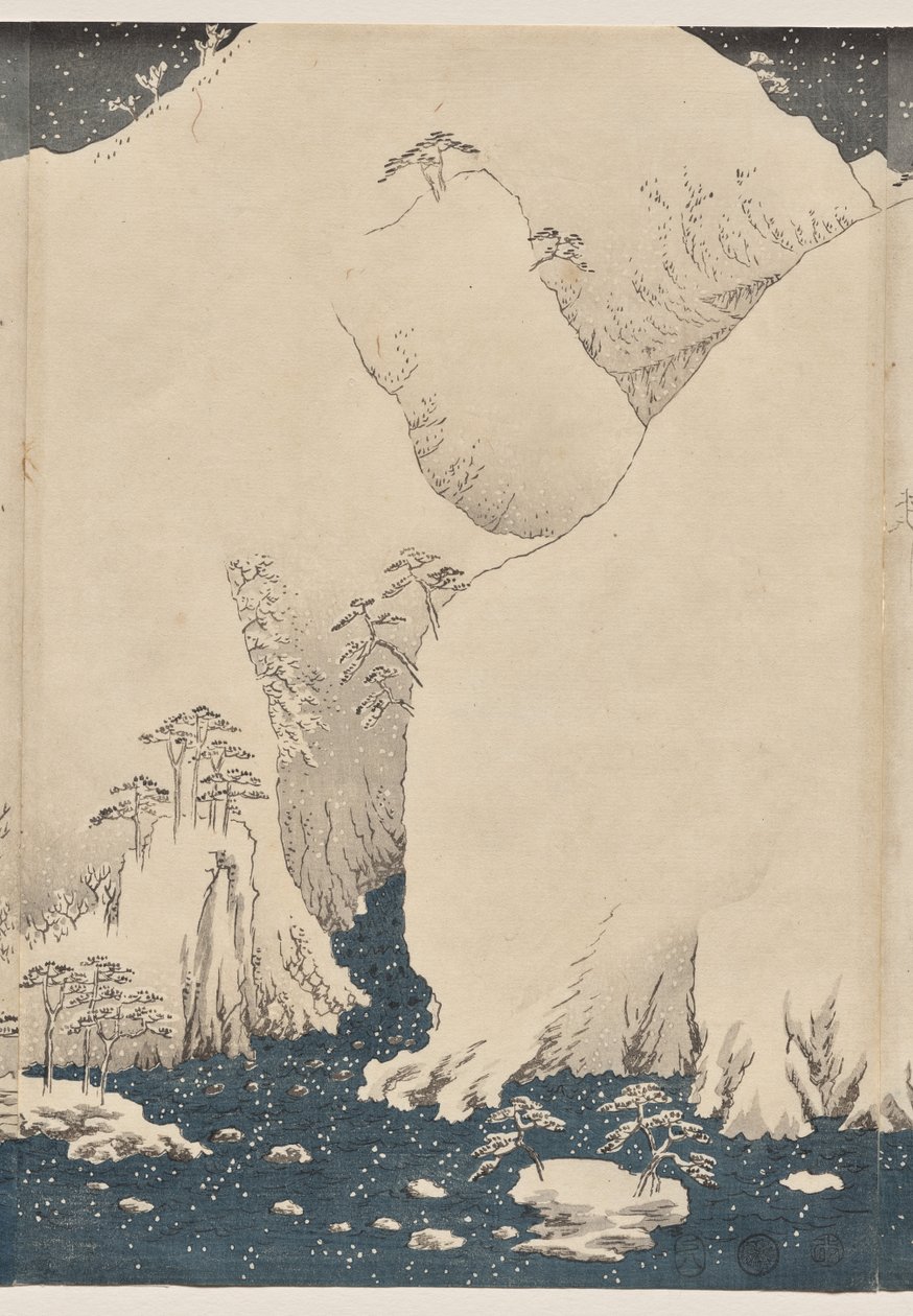 Fjell og elv på Kiso Road av Utagawa Hiroshige