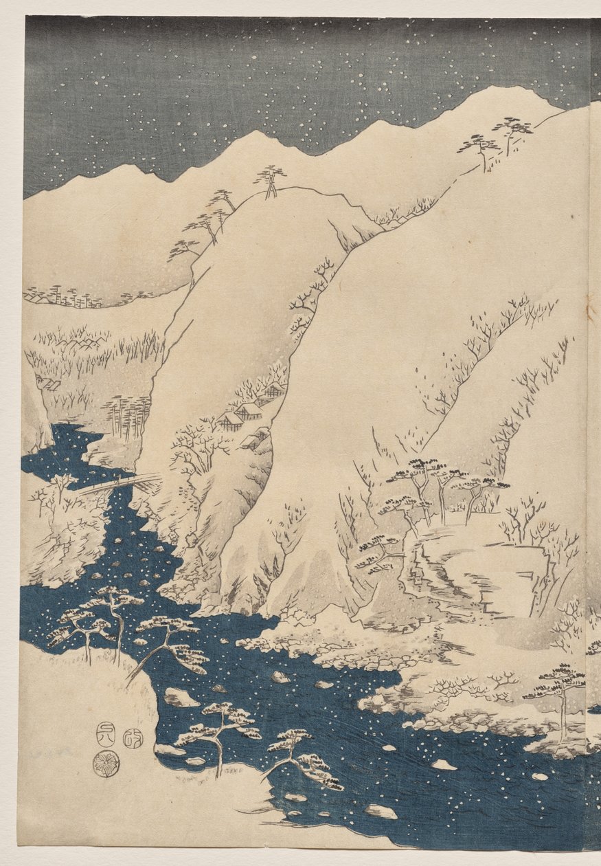 Fjell og elv på Kiso Road av Utagawa Hiroshige