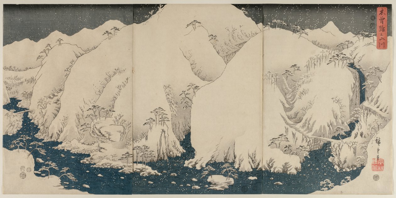 Fjell og elv langs Kiso-veien av Utagawa Hiroshige
