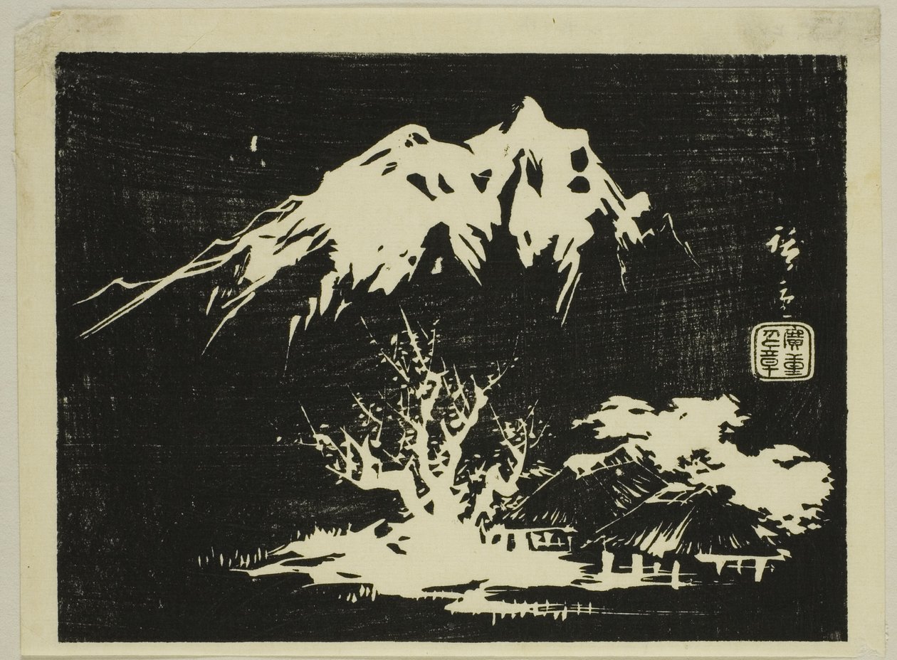 Fjelllandskap, del av et harimaze-trykk uten tittel av Utagawa Hiroshige