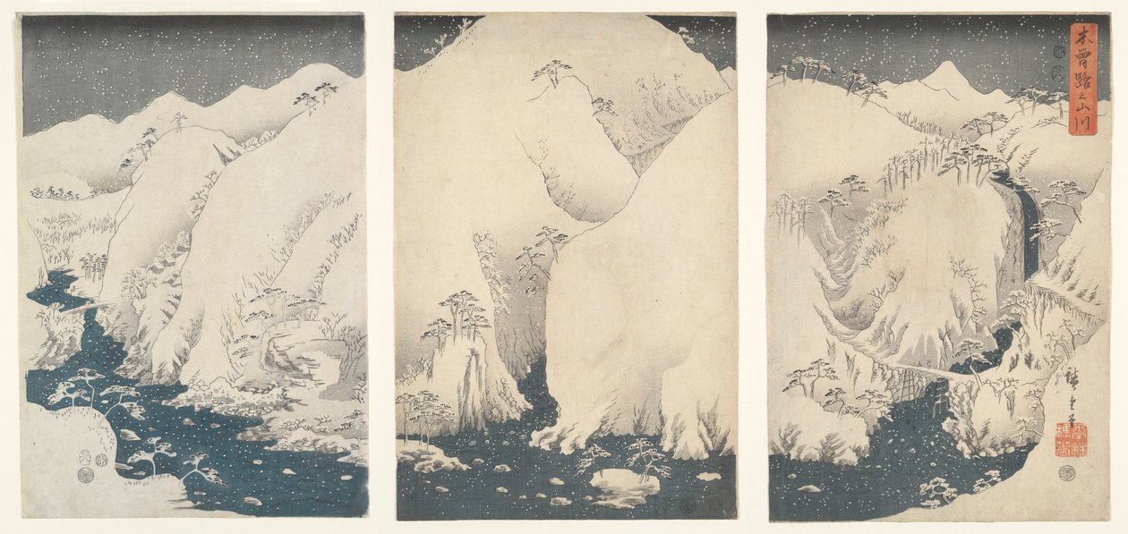 Fjell og elver langs Kiso Highway under snø av Utagawa Hiroshige