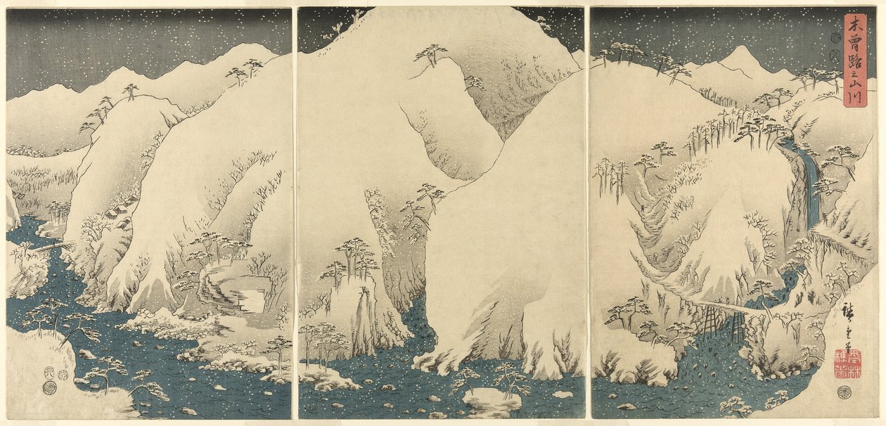 Fjell og elver på Kiso Road (Kisoji no yamakawa), fra en serie uten tittel med triptyker av Utagawa Hiroshige