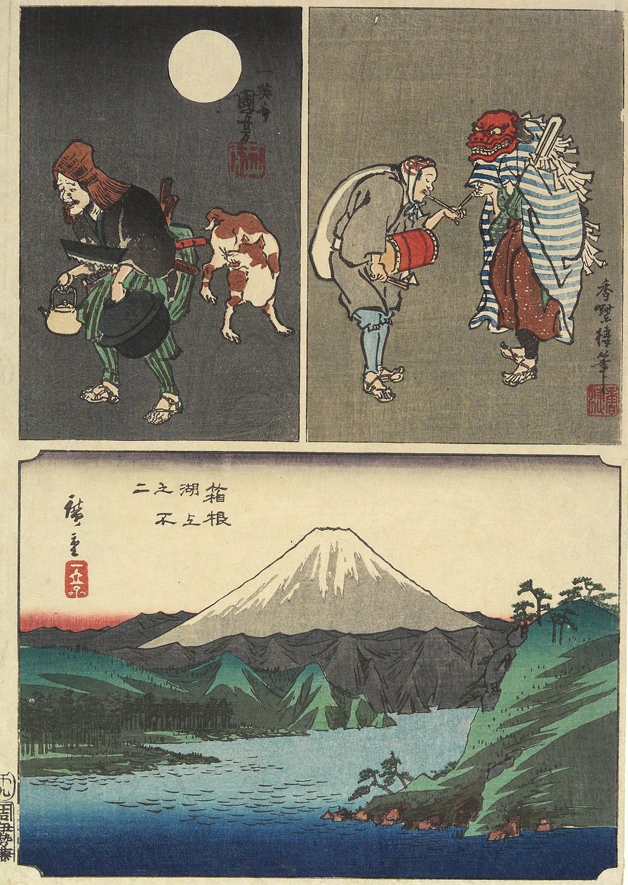 Fuji-fjellet sett over innsjøen i Hakone og 2 andre bilder, september 1858 av Utagawa Hiroshige