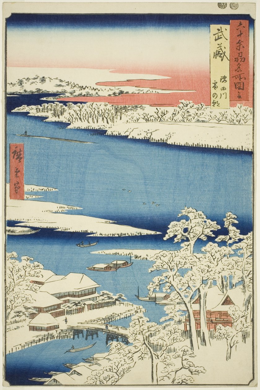 Musashi Province: Morning after Snow on the Sumida River (Musashi, Sumidagawa yuki no Ashita), fra serien "Famous Places in the Sixty-odd Provinces (Rokujuyoshu meisho zue)" av Utagawa Hiroshige