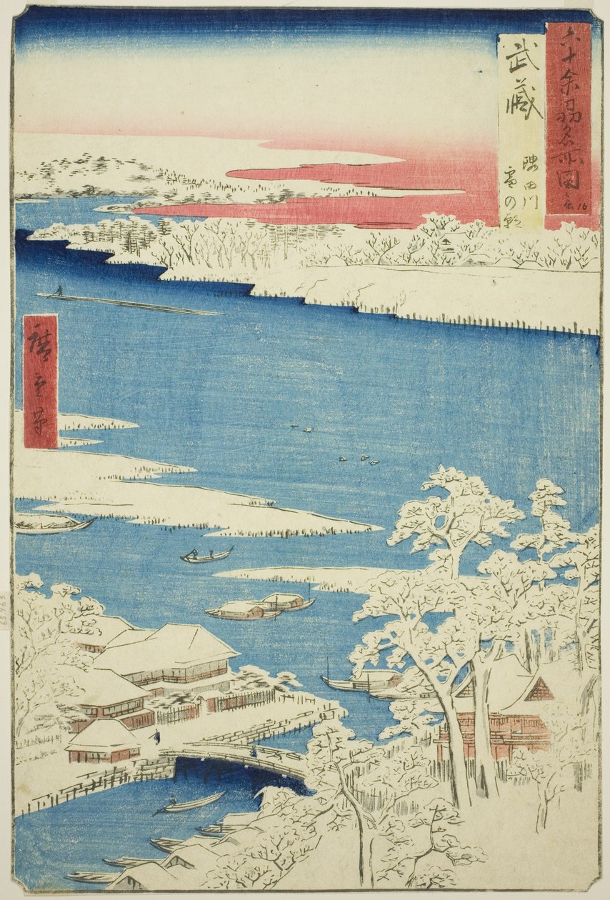 Musashi Province: Morning after Snow on the Sumida River (Musashi, Sumidagawa yuki no Ashita), fra serien "Famous Places in the Sixty-odd Provinces (Rokujuyoshu meisho zue)" av Utagawa Hiroshige
