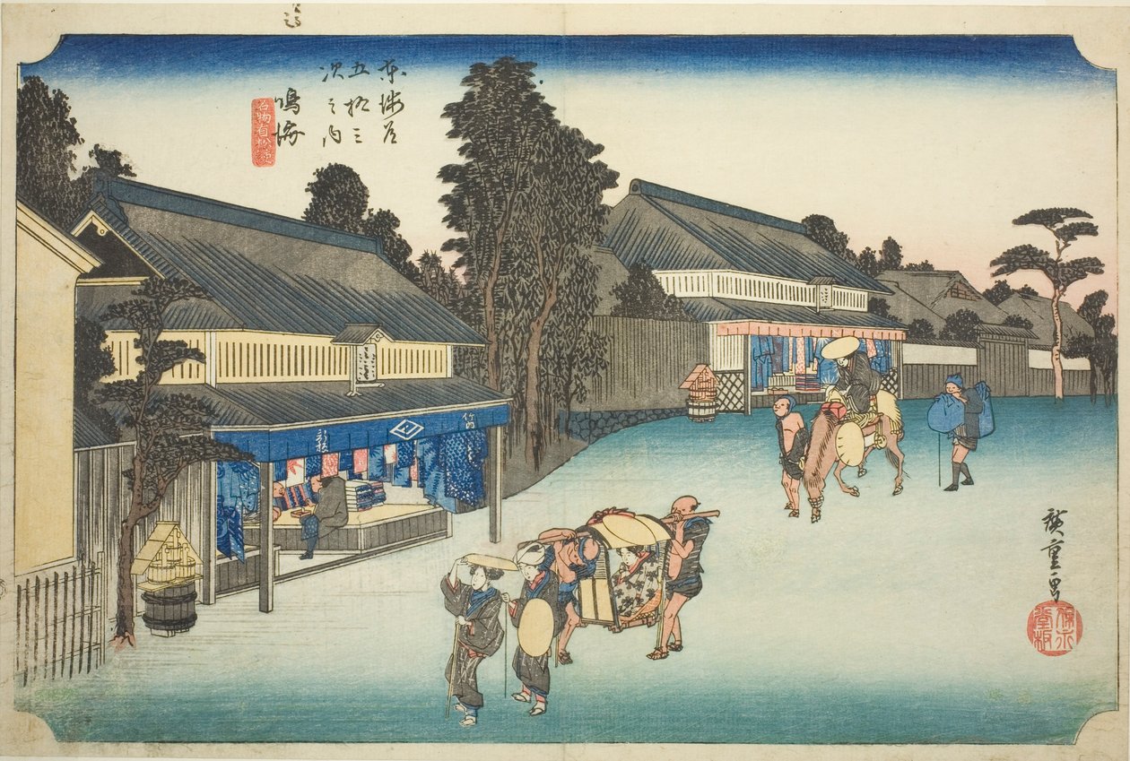Narumi: Famous Tie-dyed Fabrics of Arimatsu (Narumi, meibutsu Arimatsu shibori), fra serien "Fifty-three Stations of the Tokaido (Tokaido gojusan tsugi no uchi)," også kjent som Hoeido Tokaido av Utagawa Hiroshige