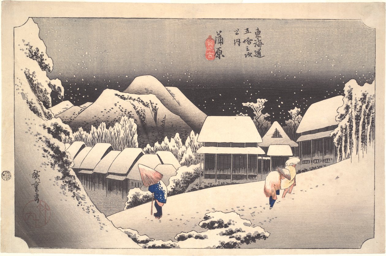 Night Snow at Kambara: Femtitre stasjoner i Tokaido av Utagawa Hiroshige