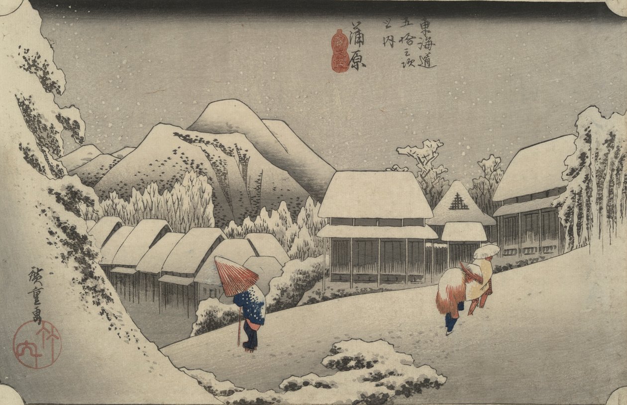 Night Snow at Kanbara, fra serien Fifty-three Stations of the T?kaid? av Utagawa Hiroshige
