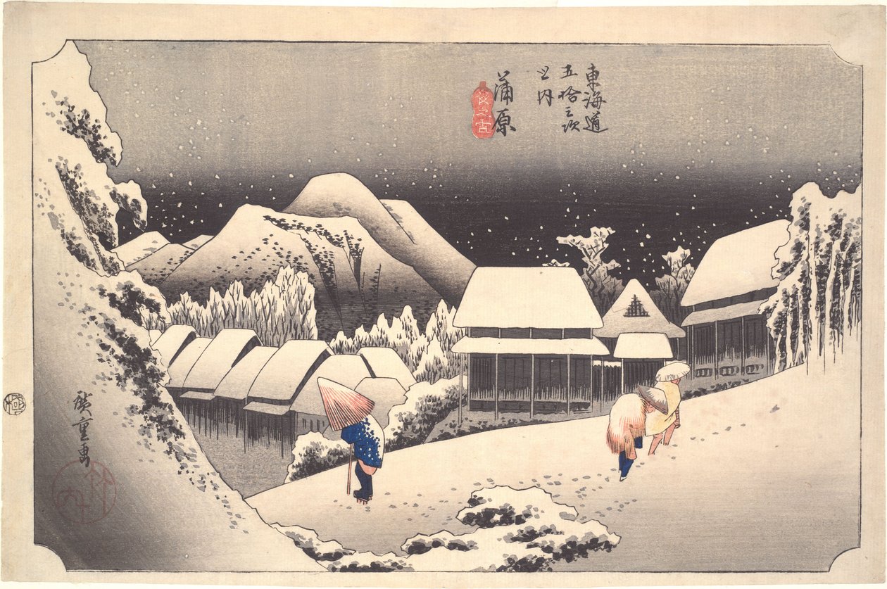 Nattsnø i Kanbara, fra serien Tōkaidōs femtitre stasjoner av Utagawa Hiroshige