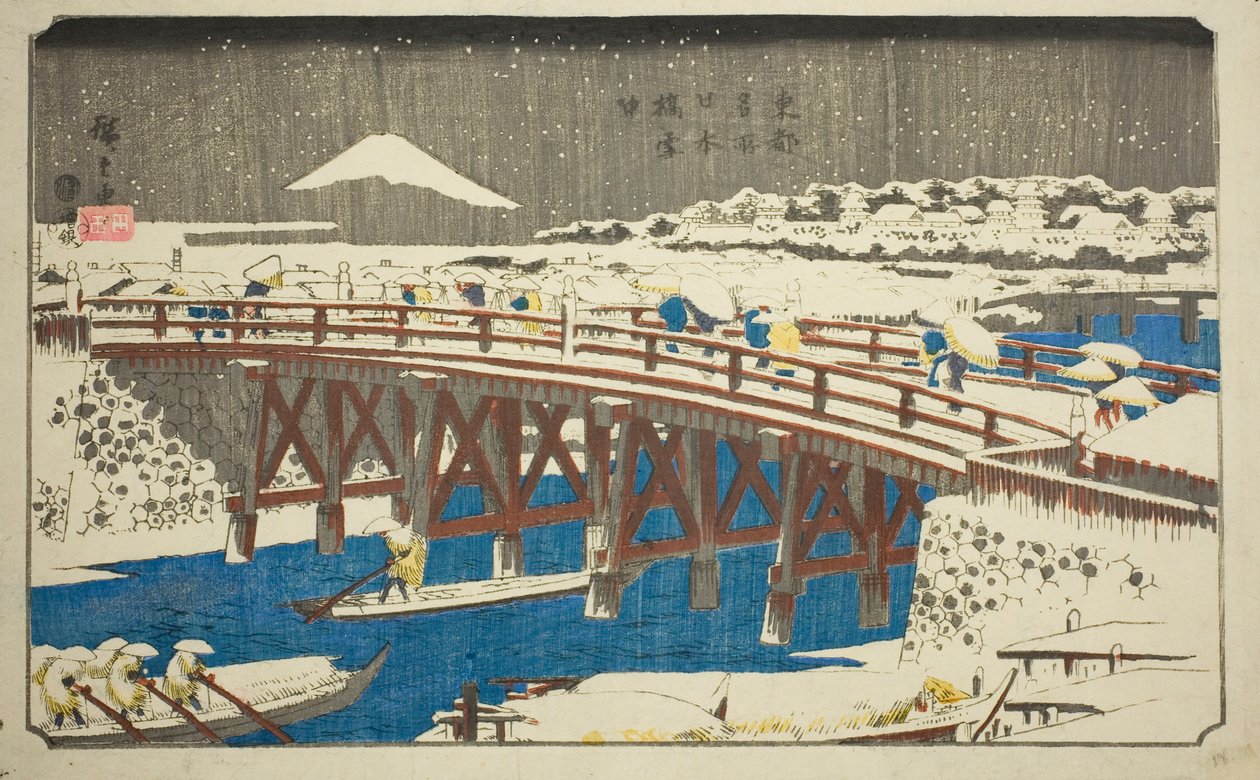Nihon Bridge in Snow (Nihonbashi setchu), fra serien "Famous Places in the Eastern Capital (Toto meisho)" av Utagawa Hiroshige