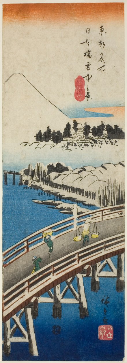Nihon Bridge sett i snøen (Nihonbashi setchu no kei), fra serien "Famous Views in the Eastern Capital (Toto meisho)" av Utagawa Hiroshige