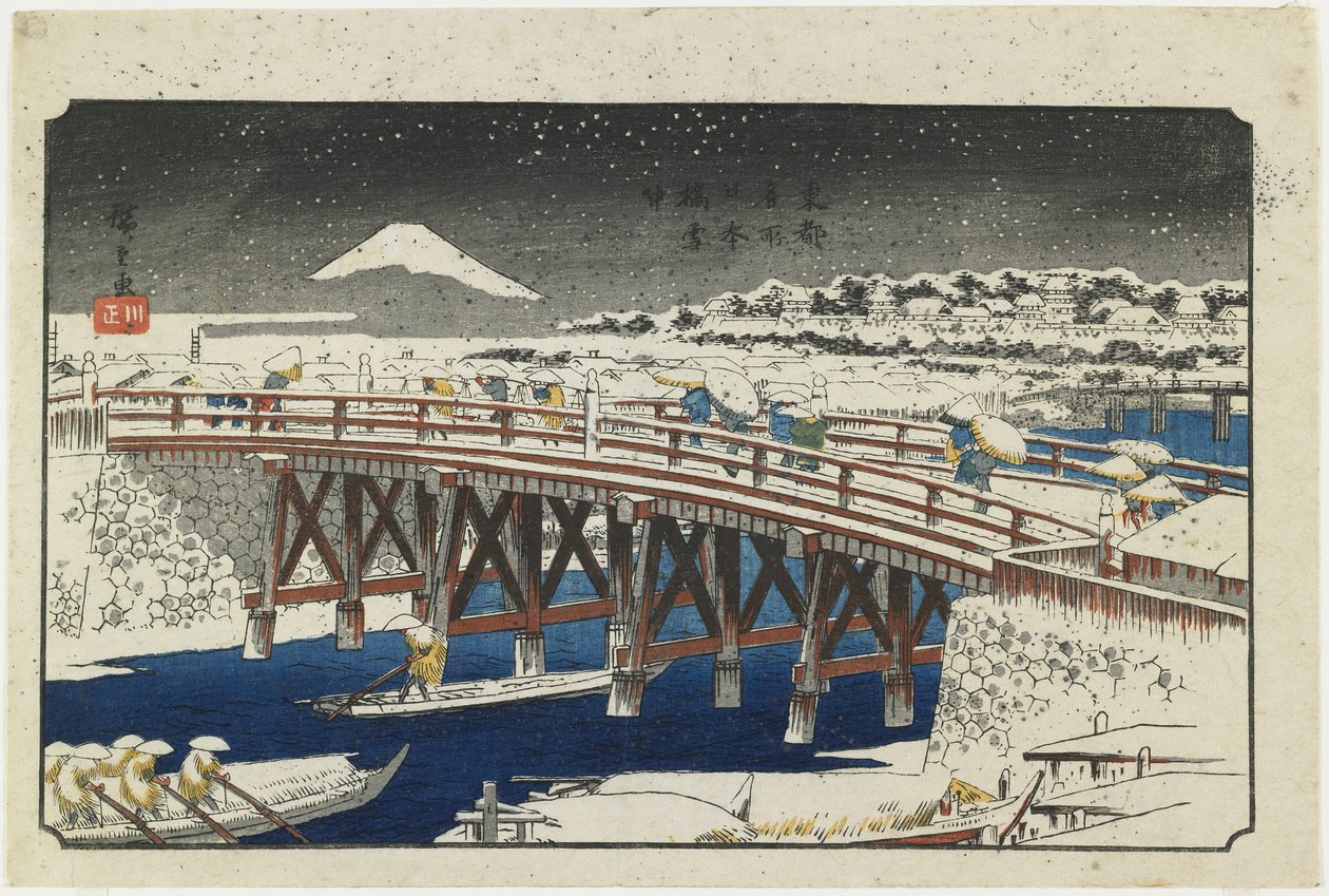 Nihonbashi-broen i snø, 1839-1842 av Utagawa Hiroshige