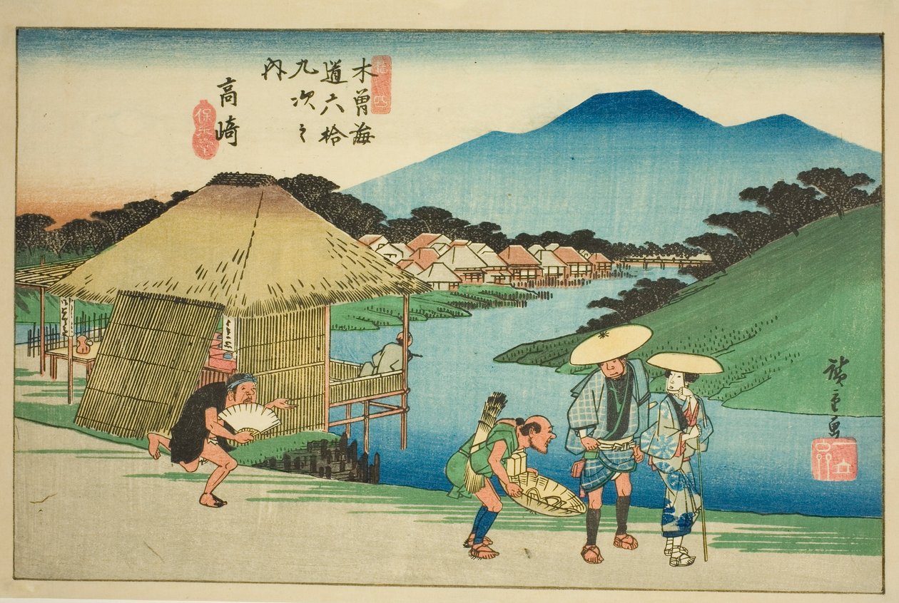 av. 14: Takasaki, fra serien "Shi x t y ne s ta on s of te kisokaid (kisokaido rokujukyu tsugi no uchi)" av Utagawa Hiroshige