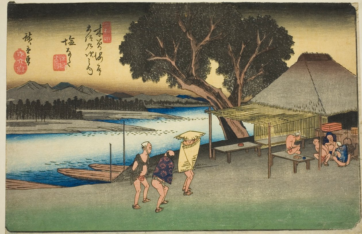 av. 24: Shionata, fra serien "Shi x t y ne s ta on s f te kisokaid (kisokaido rokujukyu tsugi no uchi)" av Utagawa Hiroshige