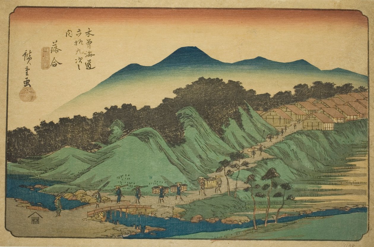 av. 45: Ochiai, fra Te-seriens "Shi x t y ne s ta on s of te kisokaid (kisokaido rokujukyu tsugi no uchi)" av Utagawa Hiroshige