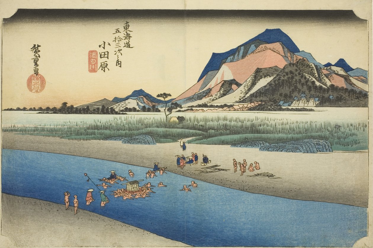 Odawara: The Sakawa River (Odawara, Sakawagawa), fra serien "Fifty-three Stations of the Tokaido Road (Tokaido gojusan tsugi no uchi)," også kjent som Hoeido Tokaido av Utagawa Hiroshige
