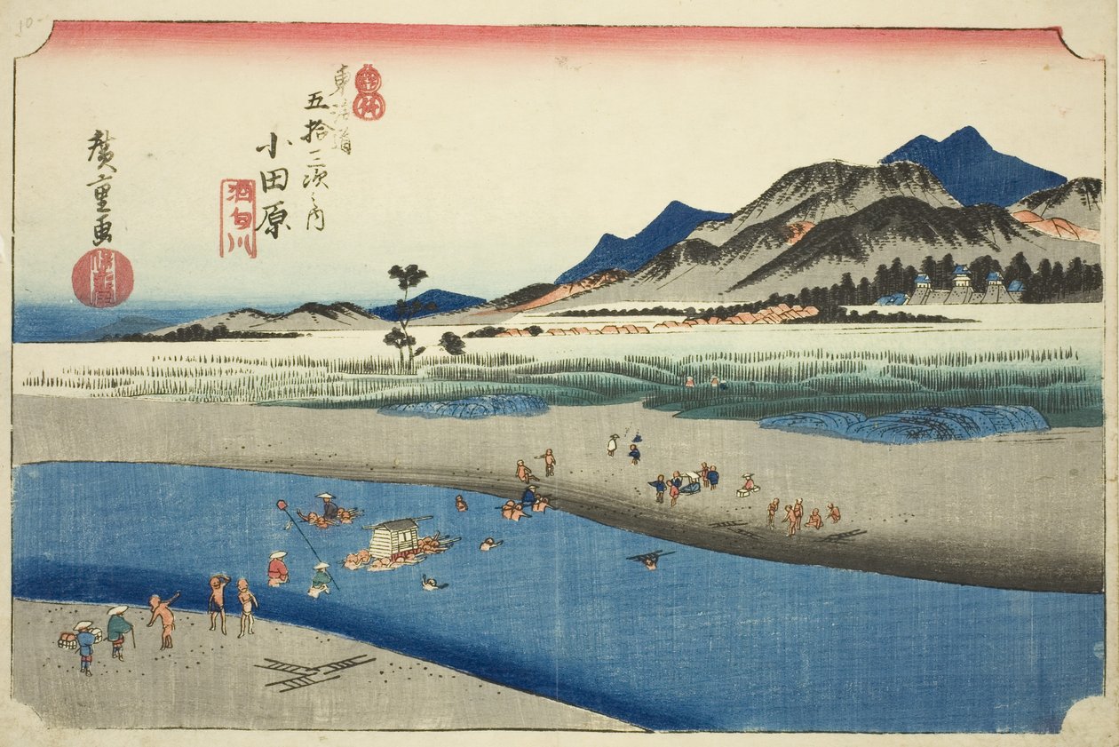 Odawara: The Sakawa River (Odawara, Sakawagawa), fra serien "Fifty-three Stations of the Tokaido Road (Tokaido gojusan tsugi no uchi)," også kjent som Hoeido Tokaido av Utagawa Hiroshige
