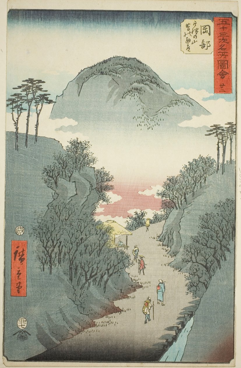 Okabe: Smal eføy-dekket vei ved Mount Utsu (Okabe, Utsu no yama tsuta no hosomichi), no. 22 fra serien "Famous Sights of the Fifty-three Stations (Gojusan tsugi meisho zue)," også kjent som den vertikale Tokaido av Utagawa Hiroshige
