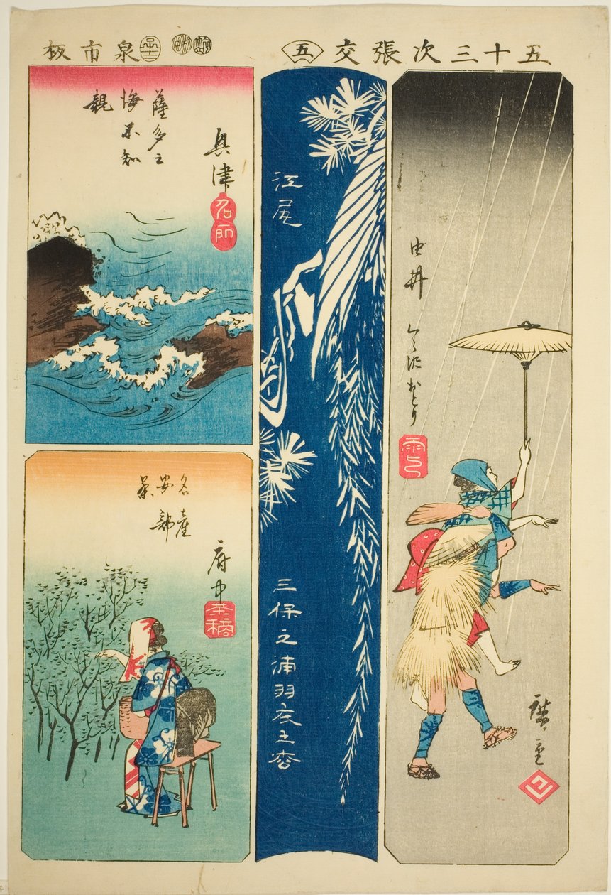 Okitsu, Ejiri, Yui og Fuchu, nei. 5 fra serien "Cutouts of the Fifty-three Stations (Gojusan tsugi harimaze)" av Utagawa Hiroshige