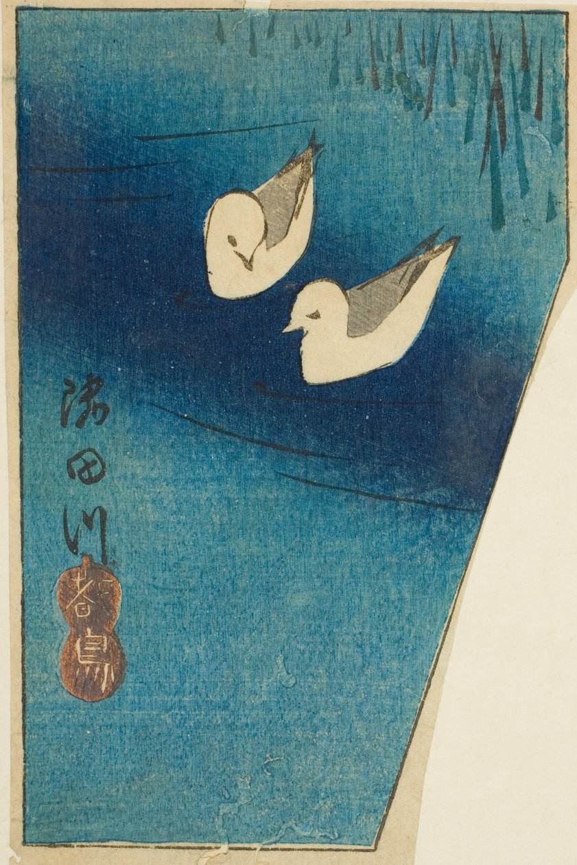 Oystercatchers on the Sumida River (Sumidagawa, miyakodori), del av et ark fra serien "Cutouts of Famous Places in Edo (Harimaze Koto meisho)" av Utagawa Hiroshige