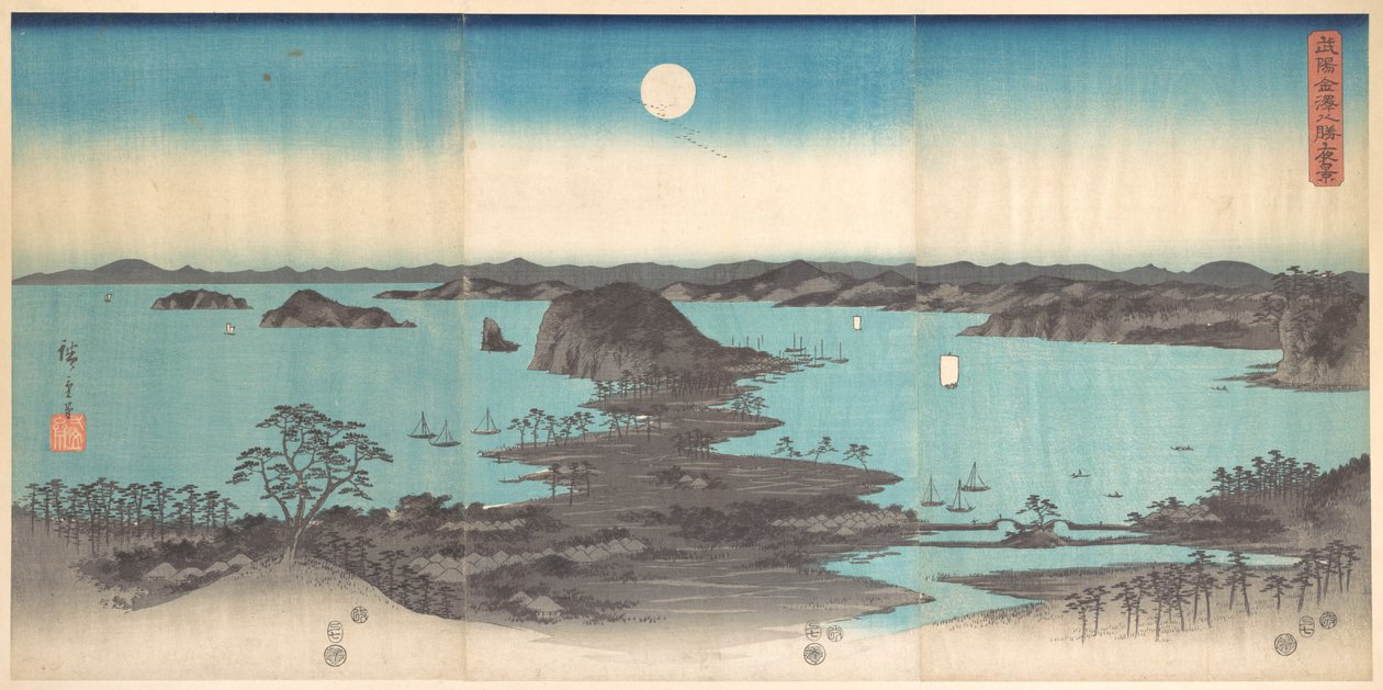 Panorama over de åtte utsiktene over Kanazawa i fullmåne av Utagawa Hiroshige