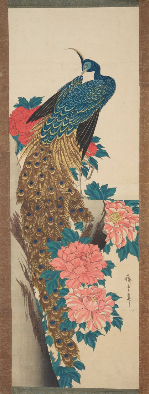 Påfugl og peonblomster av Utagawa Hiroshige