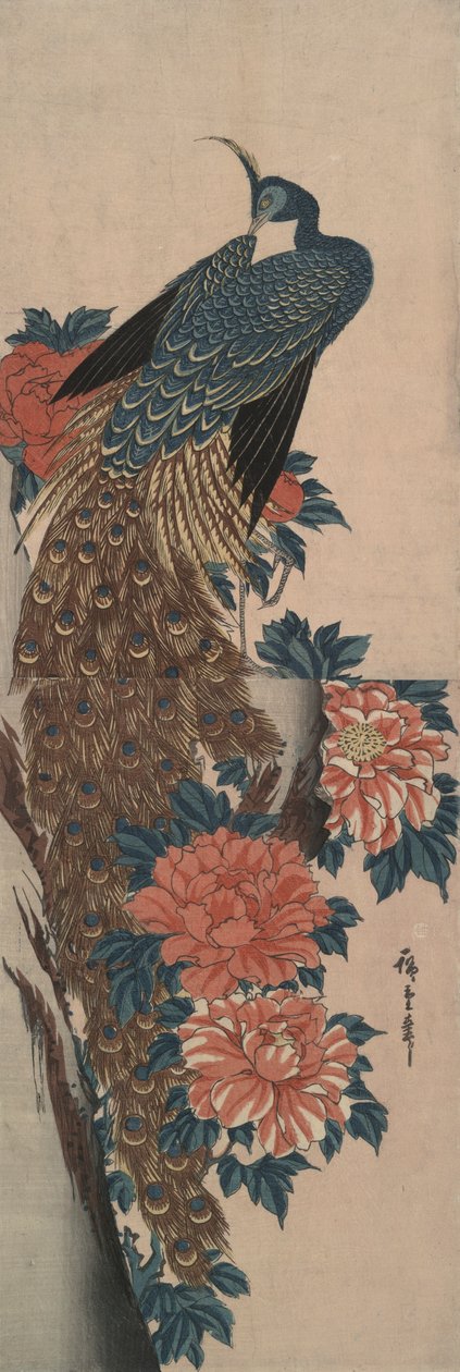 Påfugl og peoner av Utagawa Hiroshige